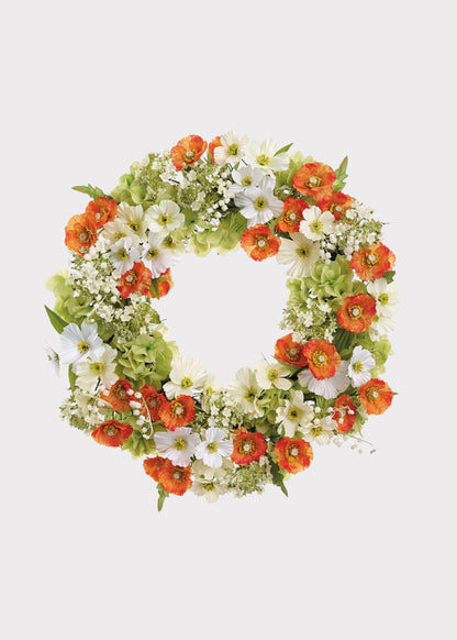 Orange and White Fake Poppy Wreath with Snowball Flowers - 24"