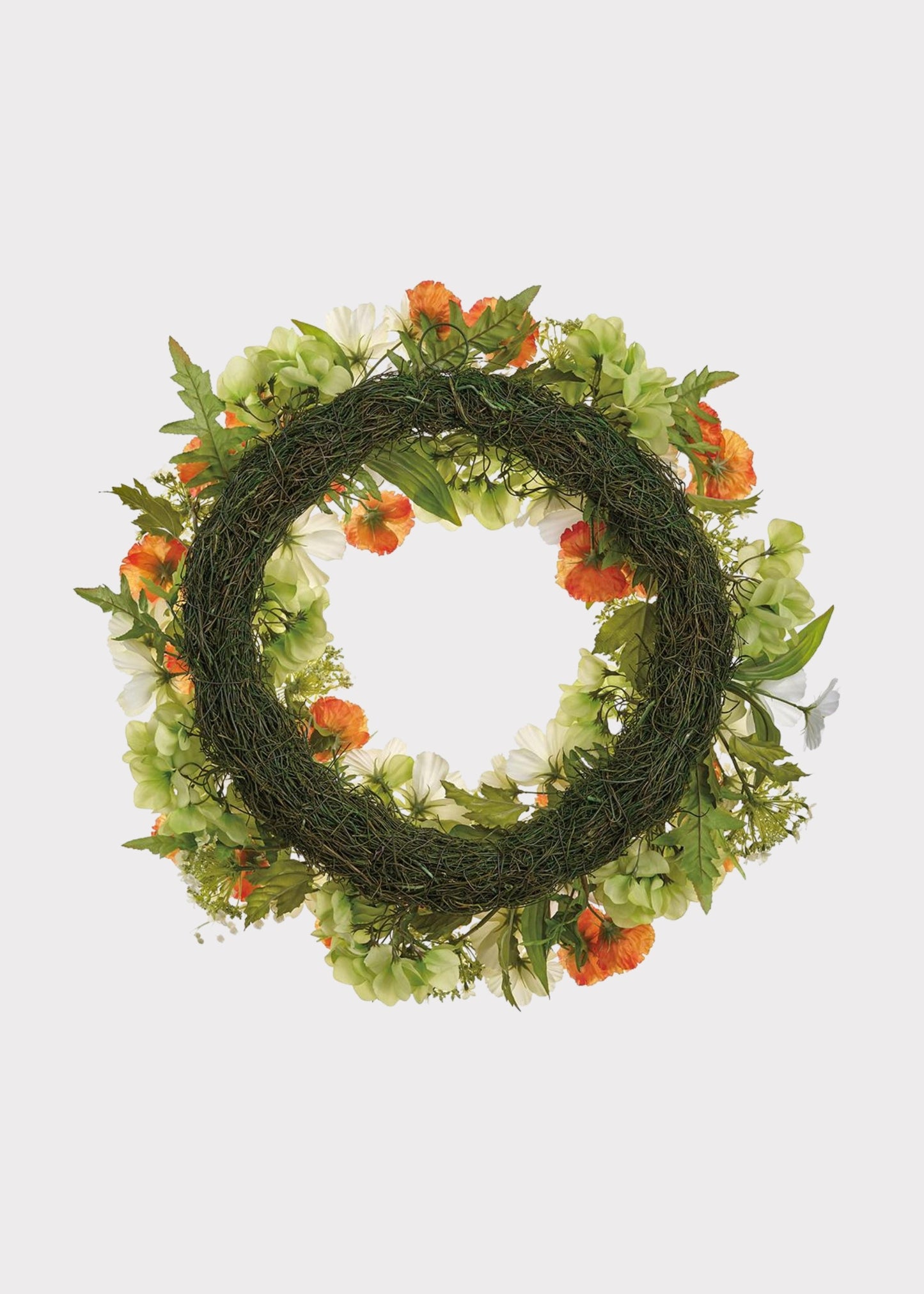 Orange and White Fake Poppy Wreath with Snowball Flowers - 24"