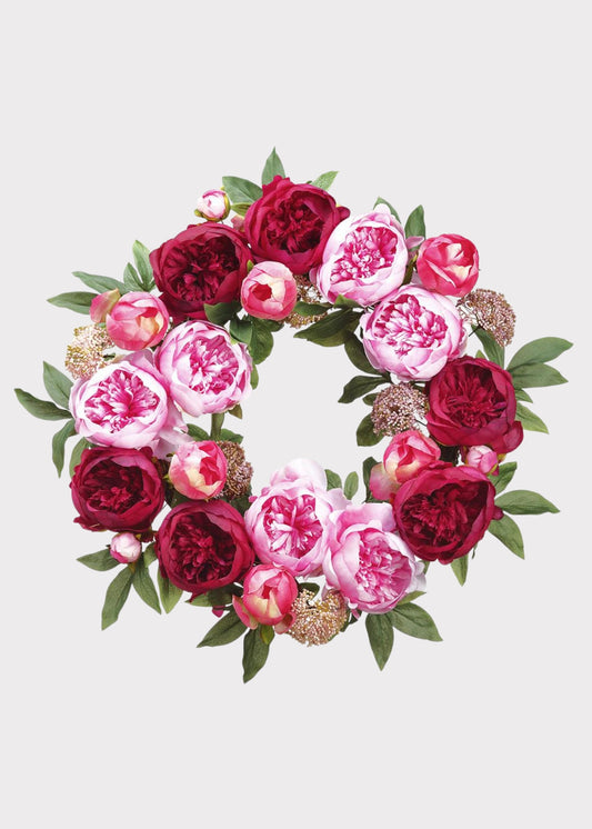 Pink and Burgundy Blooming Peony Fake Flower Wreath - 26"
