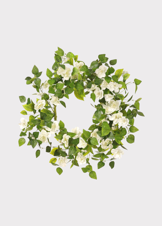 White Artificial Wild Rose Flower and Leaf Wreath - 22"