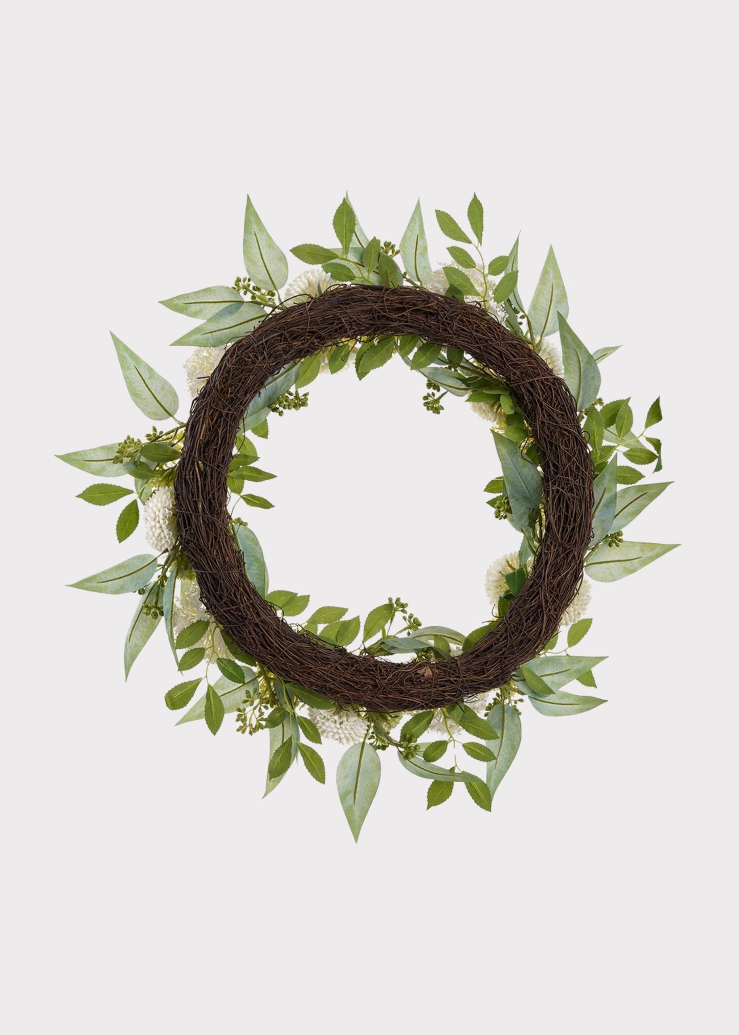 Cream Green Fake Snowball and Mum Flower Wreath with Sedum - 24"