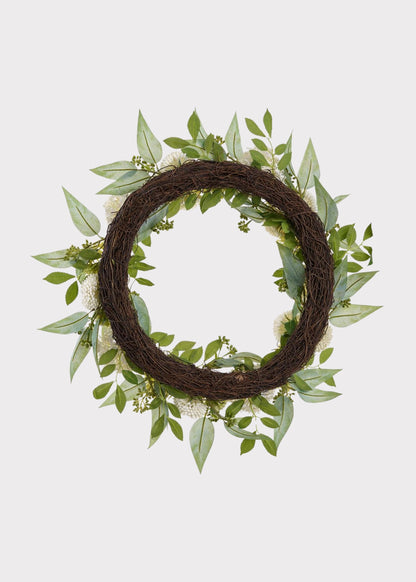 Cream Green Fake Snowball and Mum Flower Wreath with Sedum - 24"