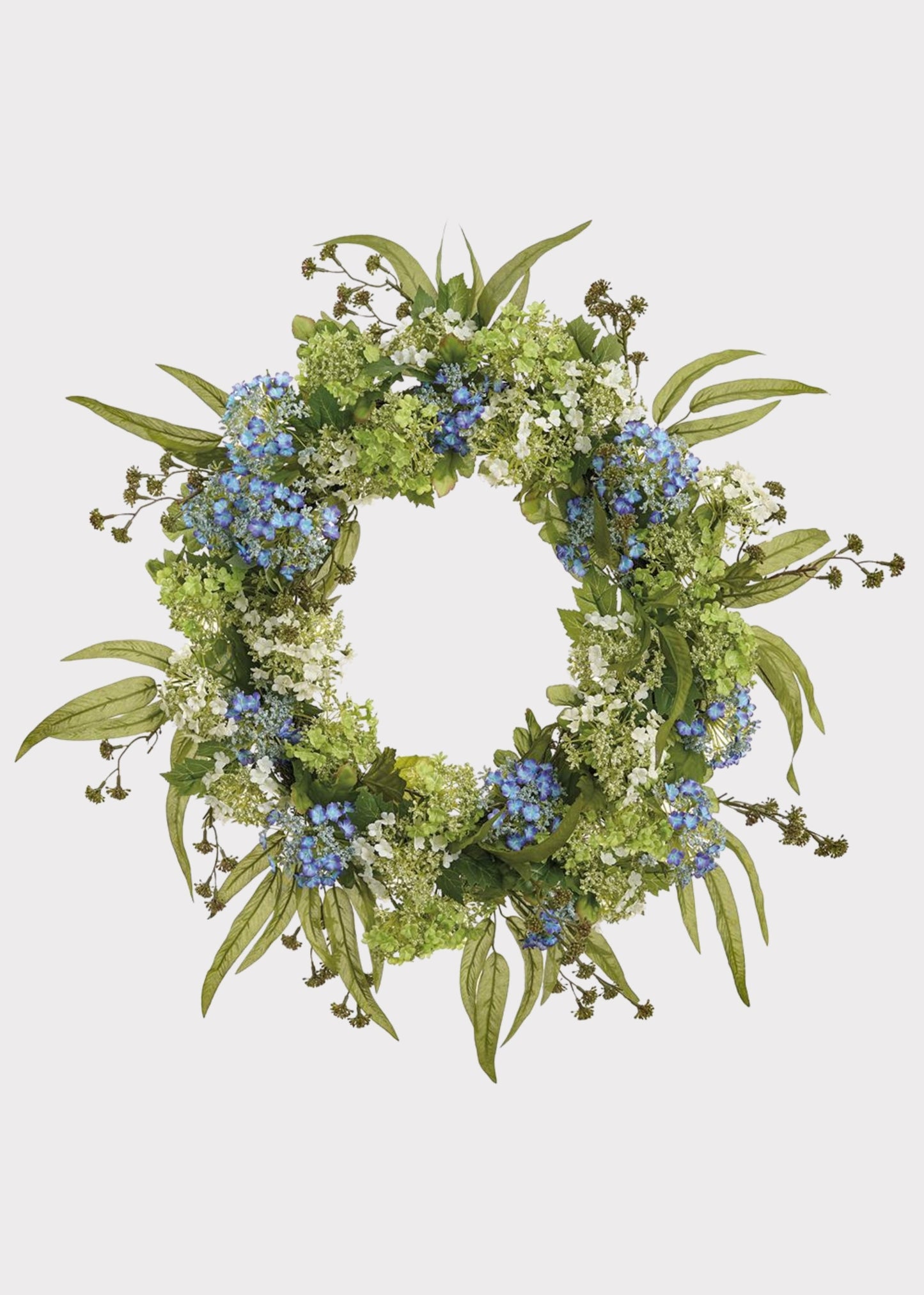 Snowball and Eucalyptus Fake Flower Wreath in Blue and Green - 25"