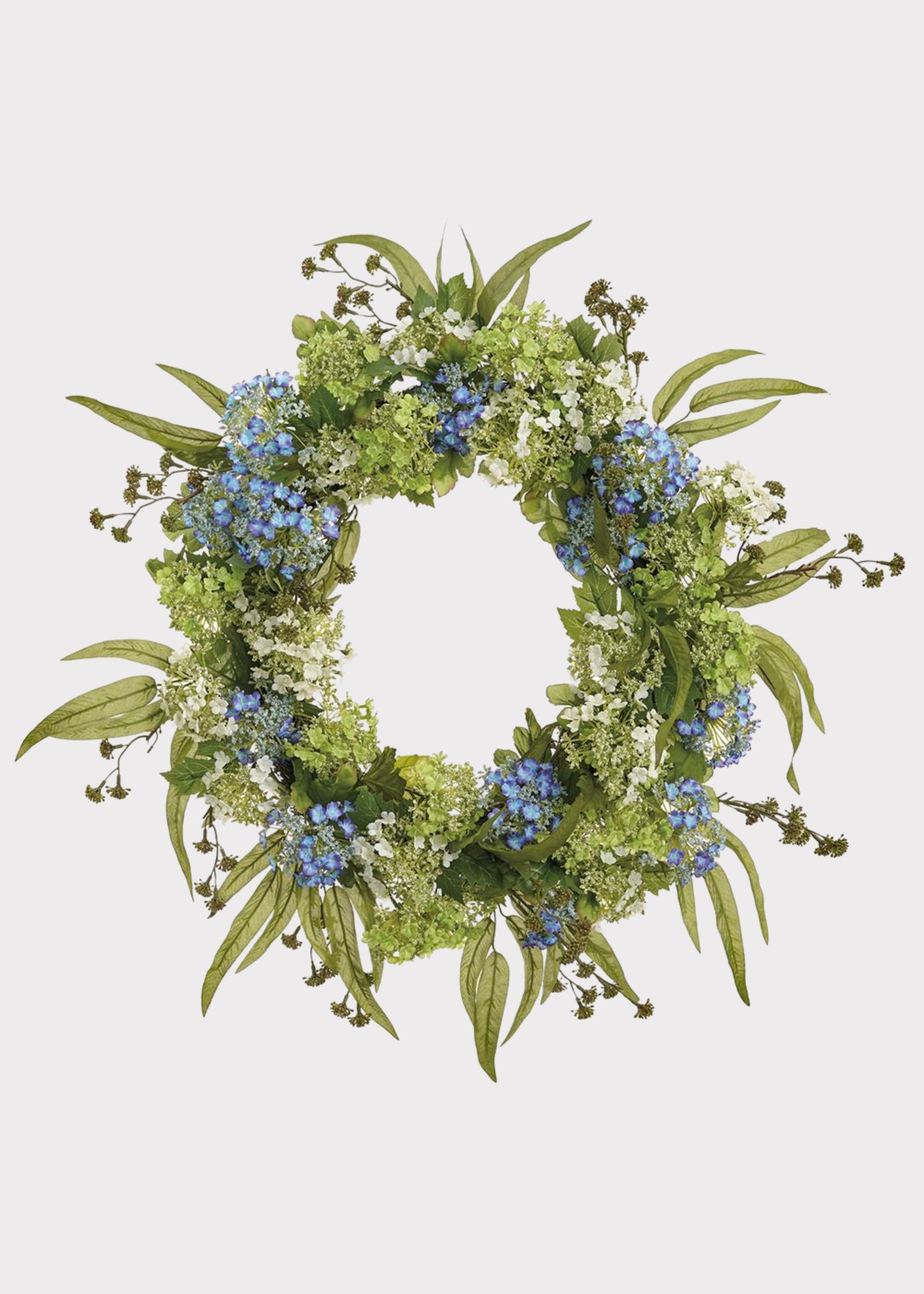 Snowball and Eucalyptus Fake Flower Wreath in Blue and Green - 25"