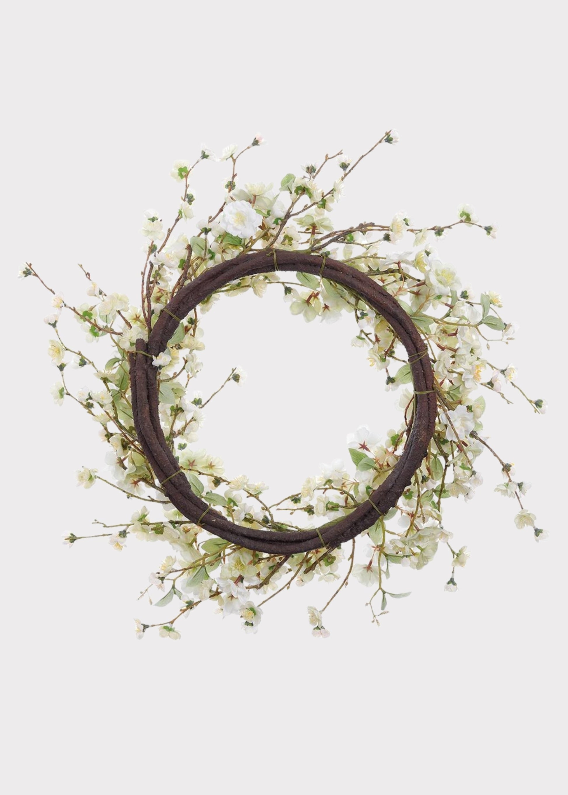Artificial Wispy Cherry Blossom Flower Wreath in Cream Green - 24"