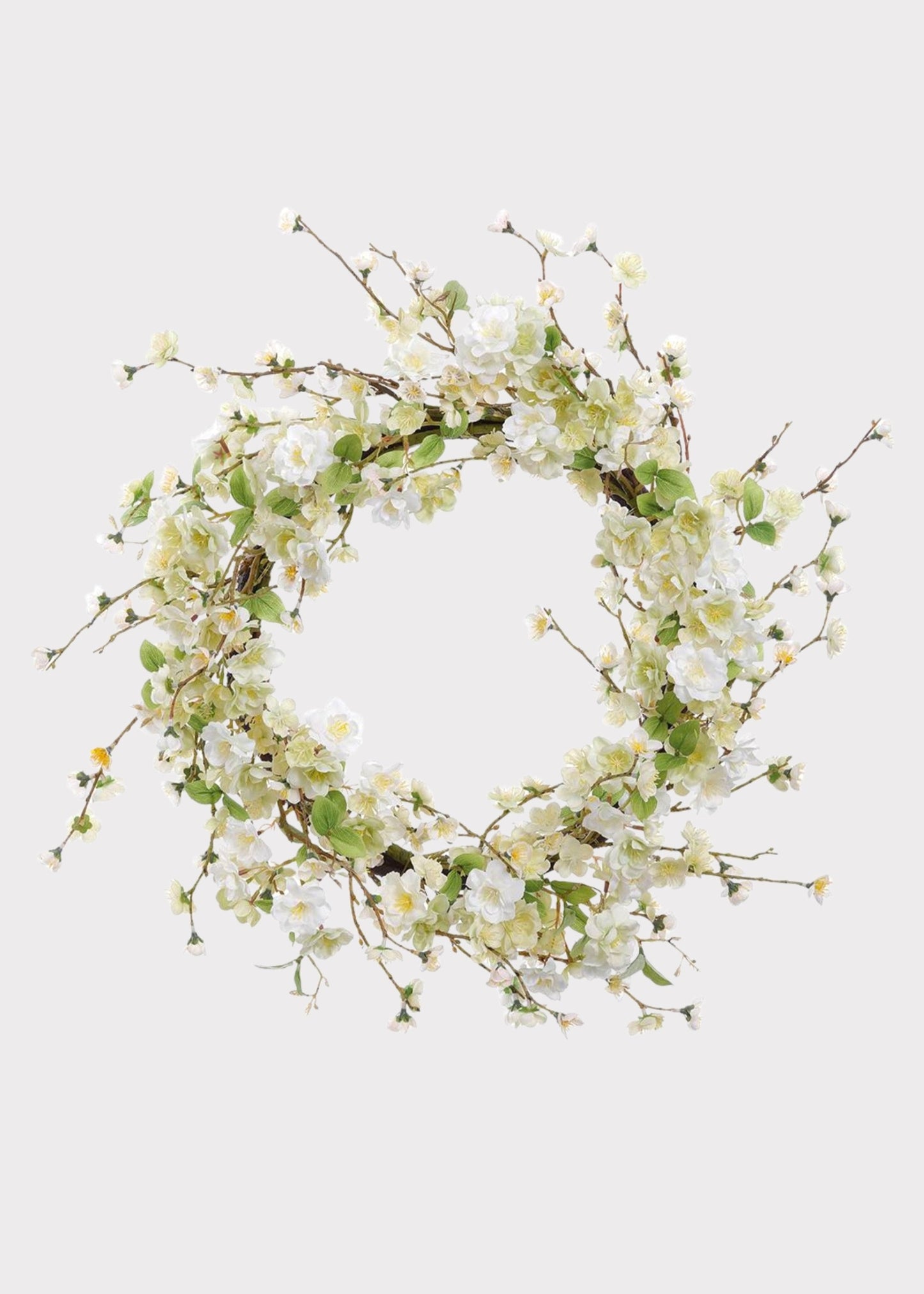 Artificial Wispy Cherry Blossom Flower Wreath in Cream Green - 24"