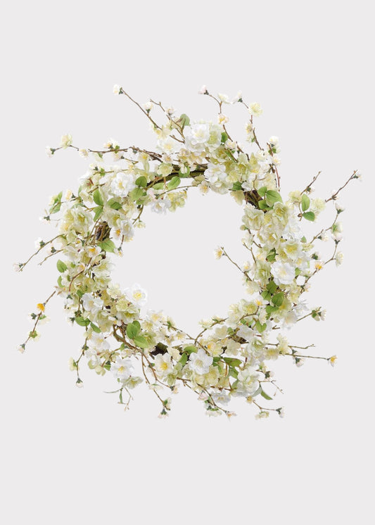 Artificial Wispy Cherry Blossom Flower Wreath in Cream Green - 24"