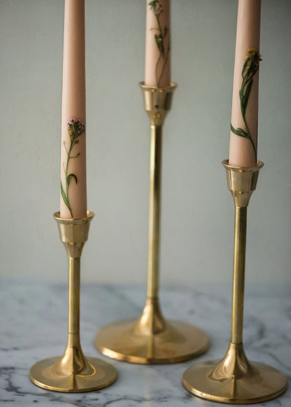 Set of 3 Handcrafted Beeswax Taper Candles with Floral Inlay - 10"
