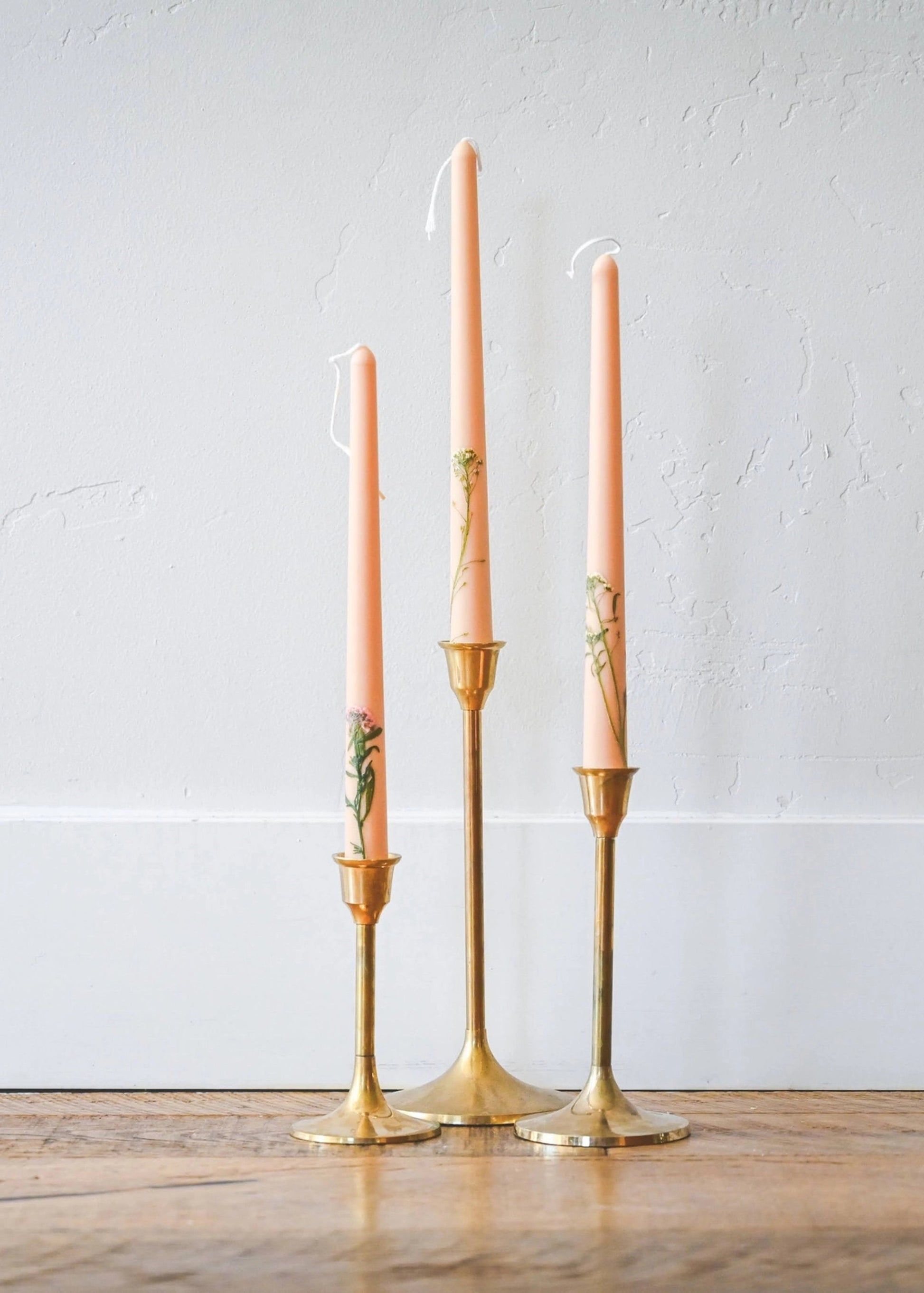 Set of 3 Handcrafted Beeswax Taper Candles with Floral Inlay - 10"
