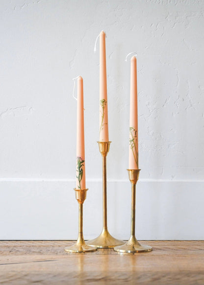 Set of 3 Handcrafted Beeswax Taper Candles with Floral Inlay - 10"