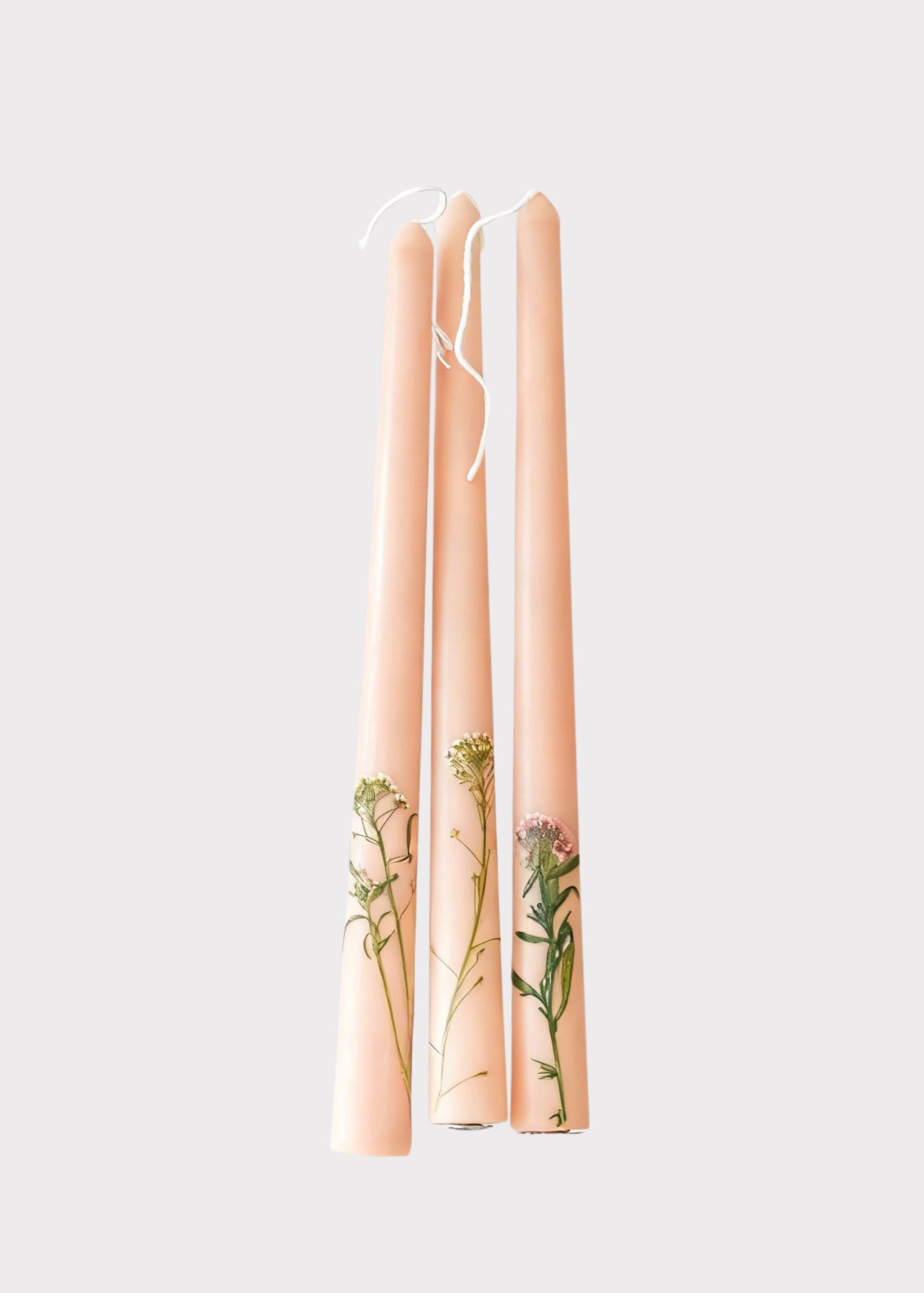Set of 3 Handcrafted Beeswax Taper Candles with Floral Inlay - 10"