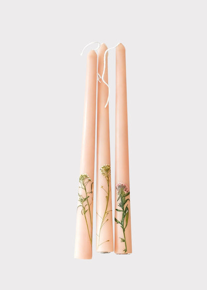 Set of 3 Handcrafted Beeswax Taper Candles with Floral Inlay - 10"