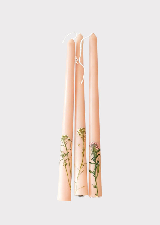 Set of 3 Handcrafted Beeswax Taper Candles with Floral Inlay - 10"