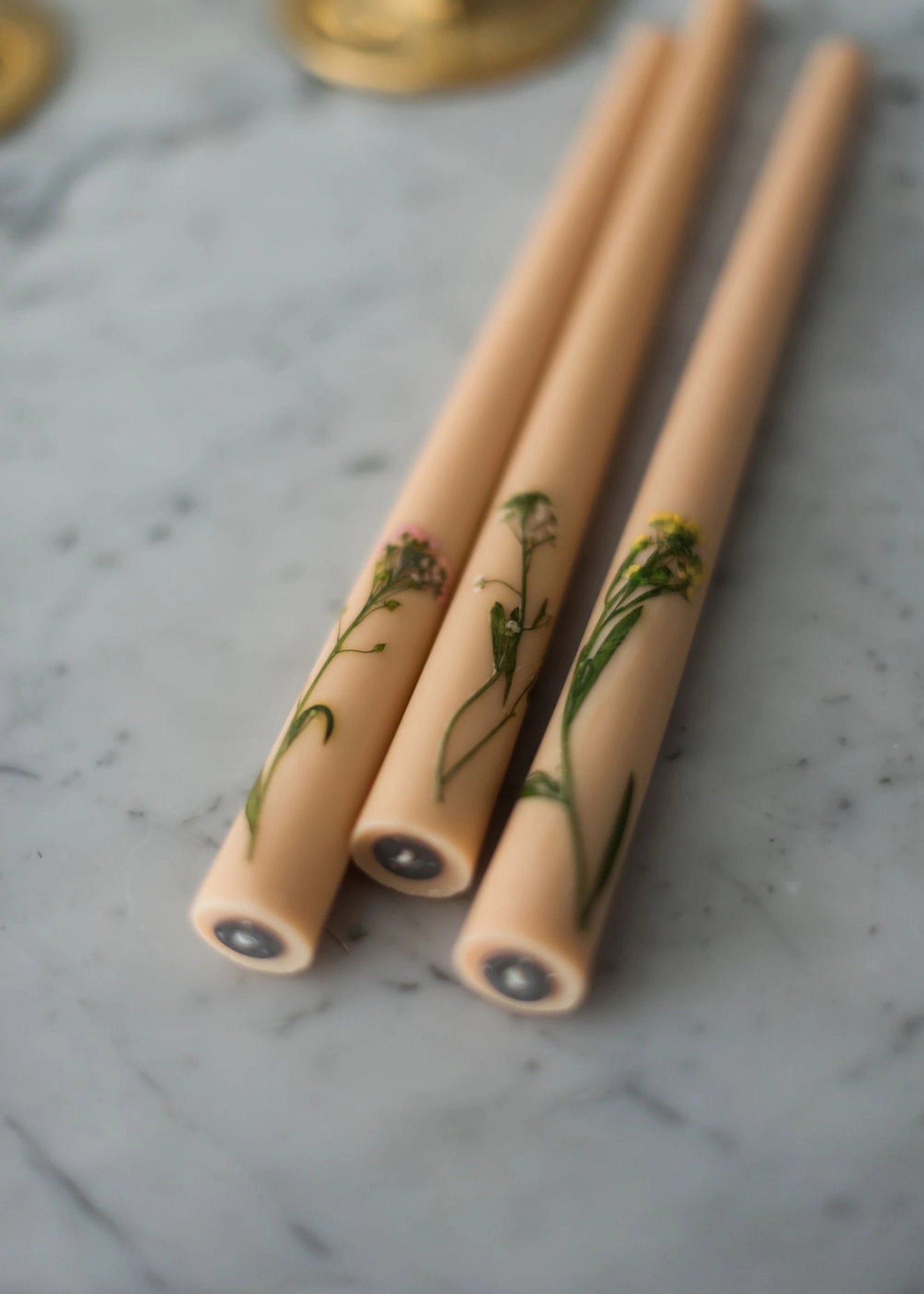 Set of 3 Handcrafted Beeswax Taper Candles with Floral Inlay - 10"