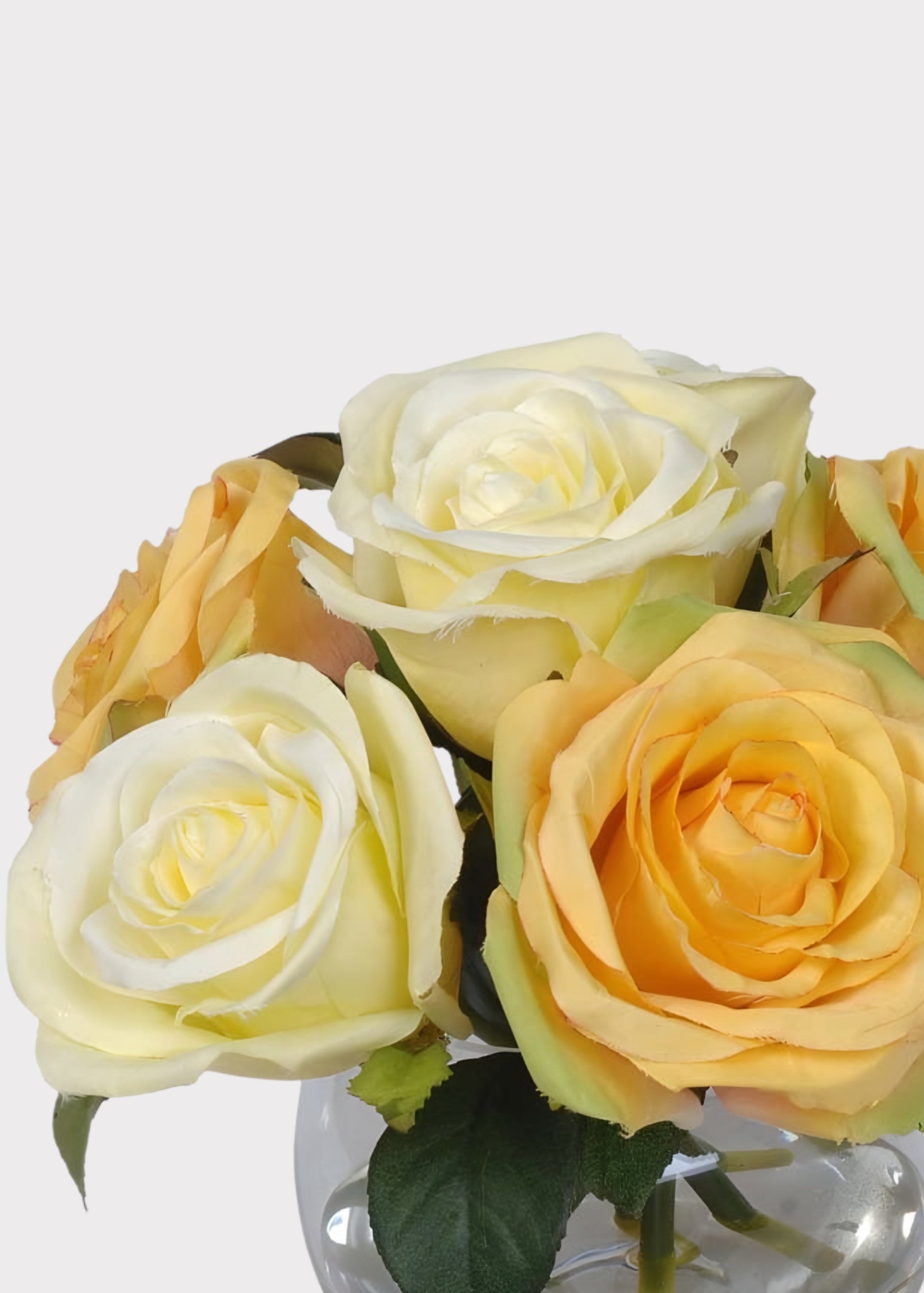 Faux Yellow Rose Arrangement in Glass Vase - 7"