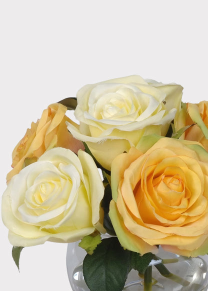 Faux Yellow Rose Arrangement in Glass Vase - 7"