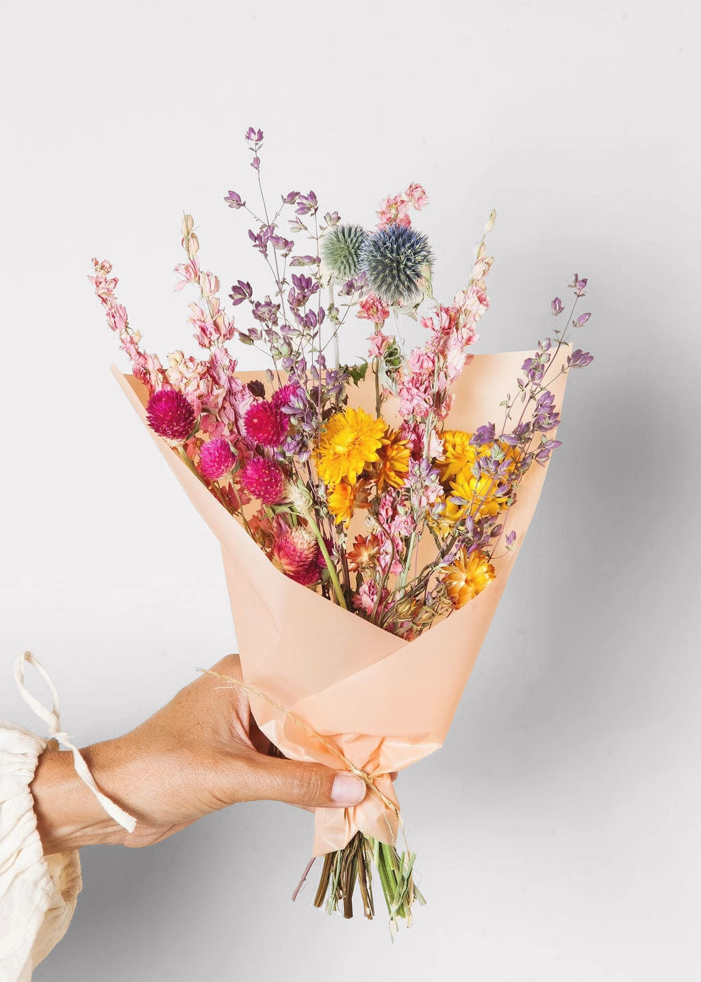 Colorful Pink and Yellow Small Dried Flower Bouquet - 12"