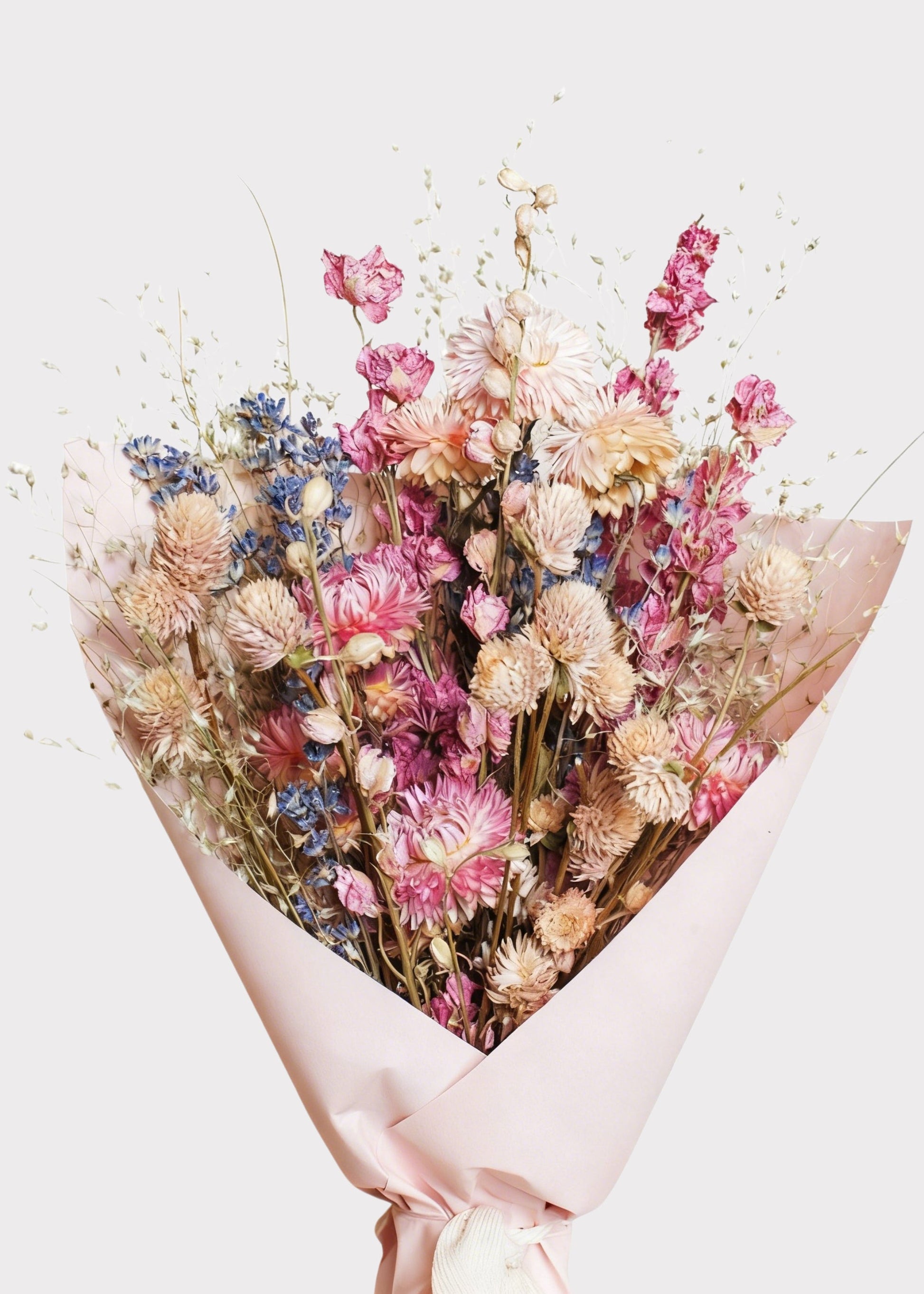 Soft Pink and Blue Small Bouquet of Dried Flowers - 12"