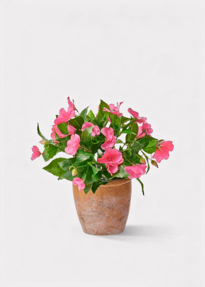 UV Treated Pink Fake Impatiens Potted Outdoor Plant in Clay Pot - 12"