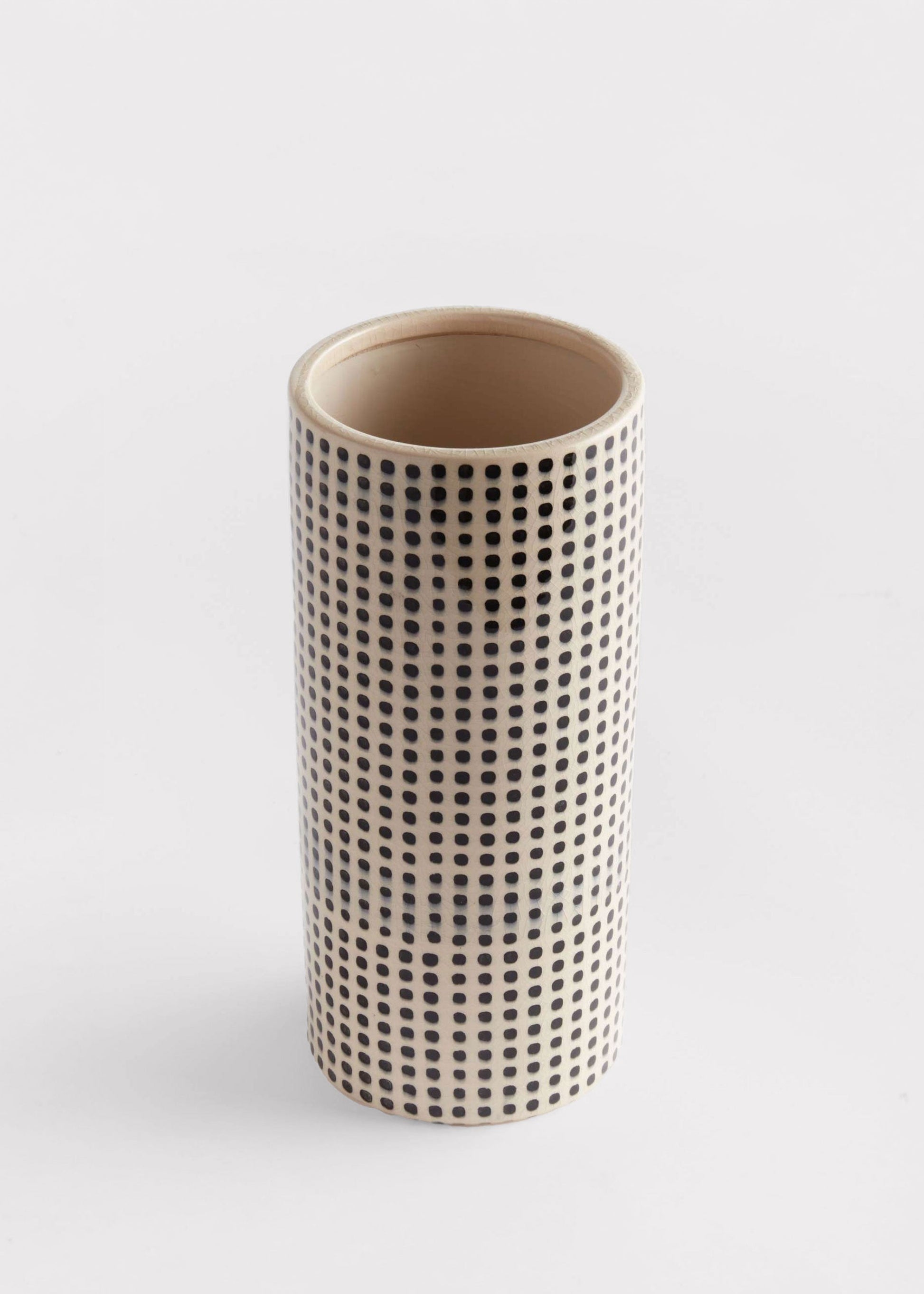 Handmade White and Black Dotted Ceramic Cylinder Vase - 11.25"