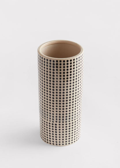 Handmade White and Black Dotted Ceramic Cylinder Vase - 11.25"