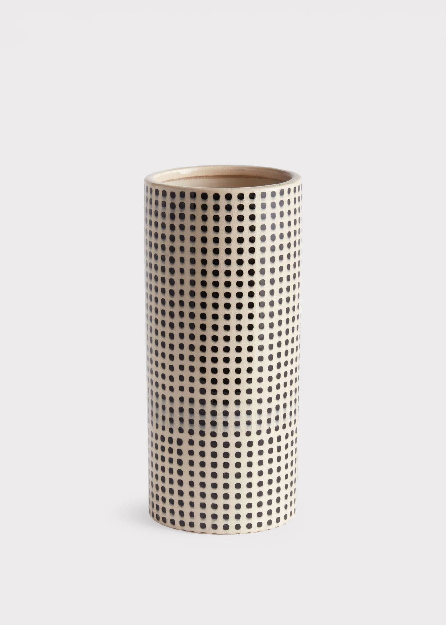 Handmade White and Black Dotted Ceramic Cylinder Vase - 11.25"