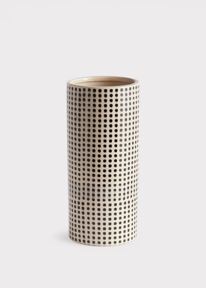 Handmade White and Black Dotted Ceramic Cylinder Vase - 11.25"