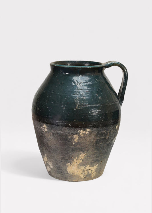 Distressed Terra Cotta Pitcher Vase in Blue Glaze - 11.25"