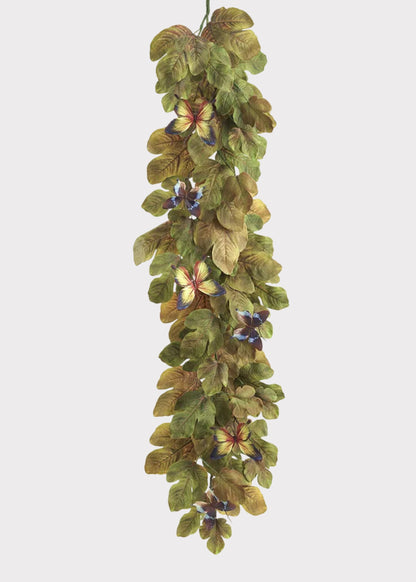 Green Fake Fig and Magnolia Leaf Garland with Butterflies - 72"