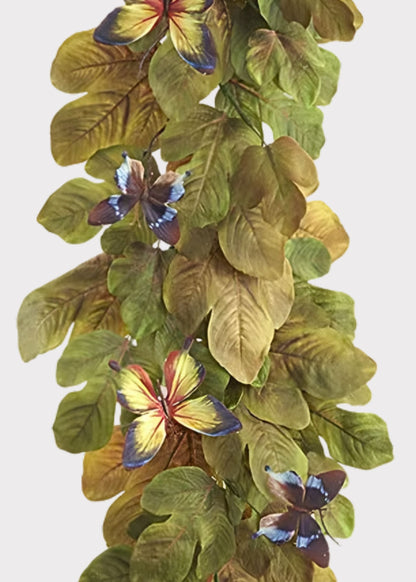 Green Fake Fig and Magnolia Leaf Garland with Butterflies - 72"