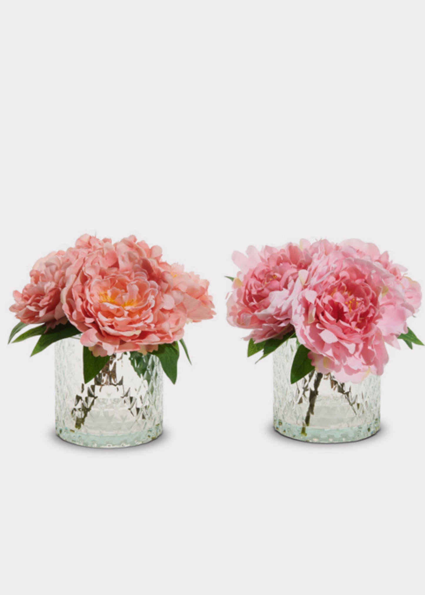 Set of 2 - Pink Fake Peony Flower Arrangement in Glass Vase - 8.5"