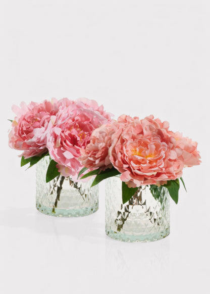 Set of 2 - Pink Fake Peony Flower Arrangement in Glass Vase - 8.5"