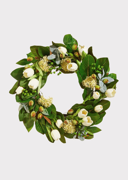 Cream Fake Tulip and Greenery Spring Flower Wreath - 25"