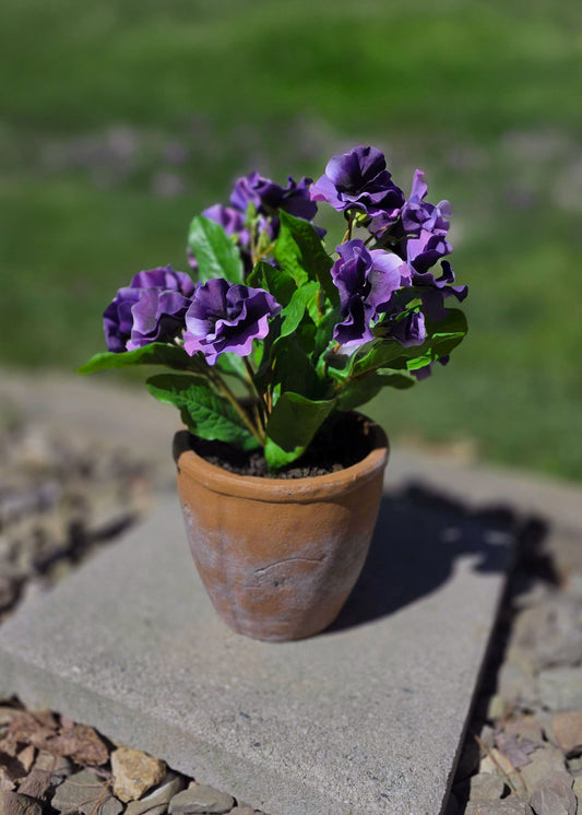 UV Treated Fake Outdoor Flowers Purple Pansy Potted Plant - 12"
