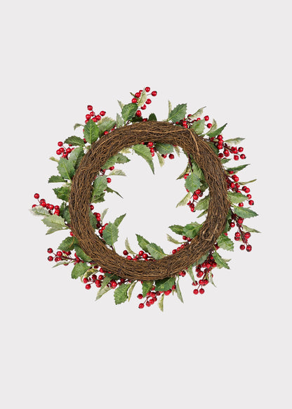 Deluxe Fake Traditional Winter Holly and Berry Wreath - 24"