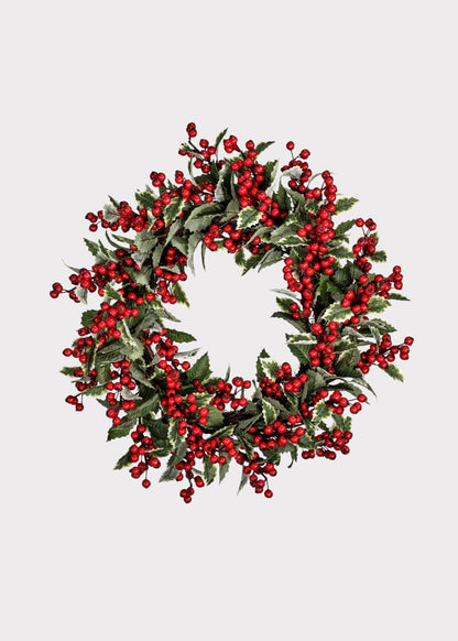 Deluxe Fake Traditional Winter Holly and Berry Wreath - 24"
