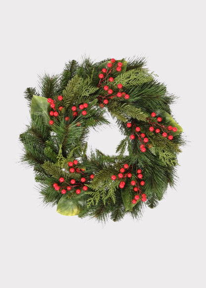 UV Treated Fake Indoor/Outdoor Winter Pine and Berry Wreath - 24"