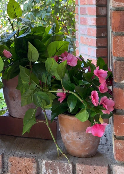 UV Treated Pink Fake Impatiens Potted Outdoor Plant in Clay Pot - 12"
