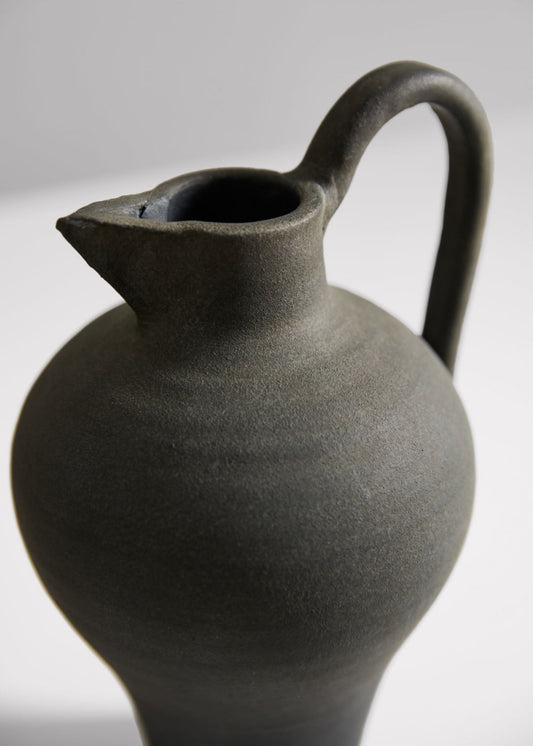 Handmade Terra Cotta Pitcher Vase with Handle in Aged Black - 11.75"