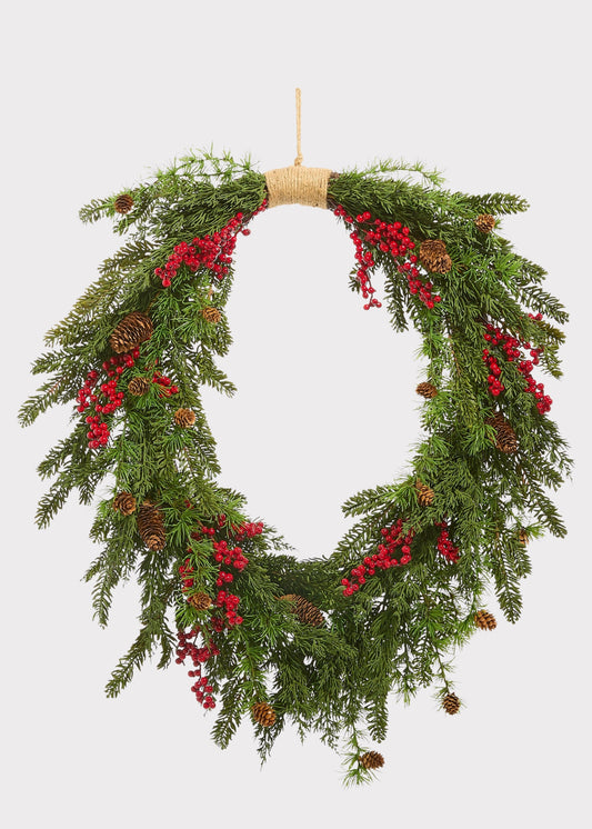 Fake Holiday Cedar and Red Berry Wreath with Pinecones - 30"