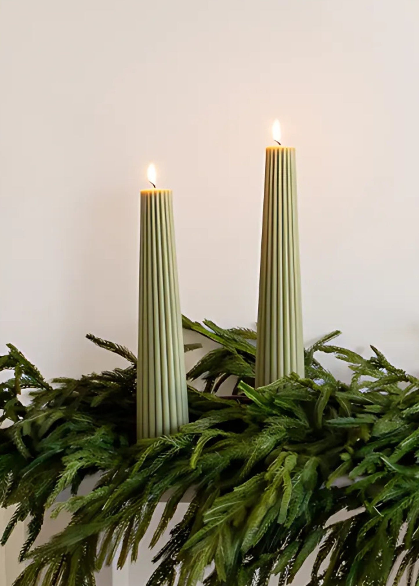 Tall Natural Beeswax Fluted Pillar Candle in Sage - 13.5"