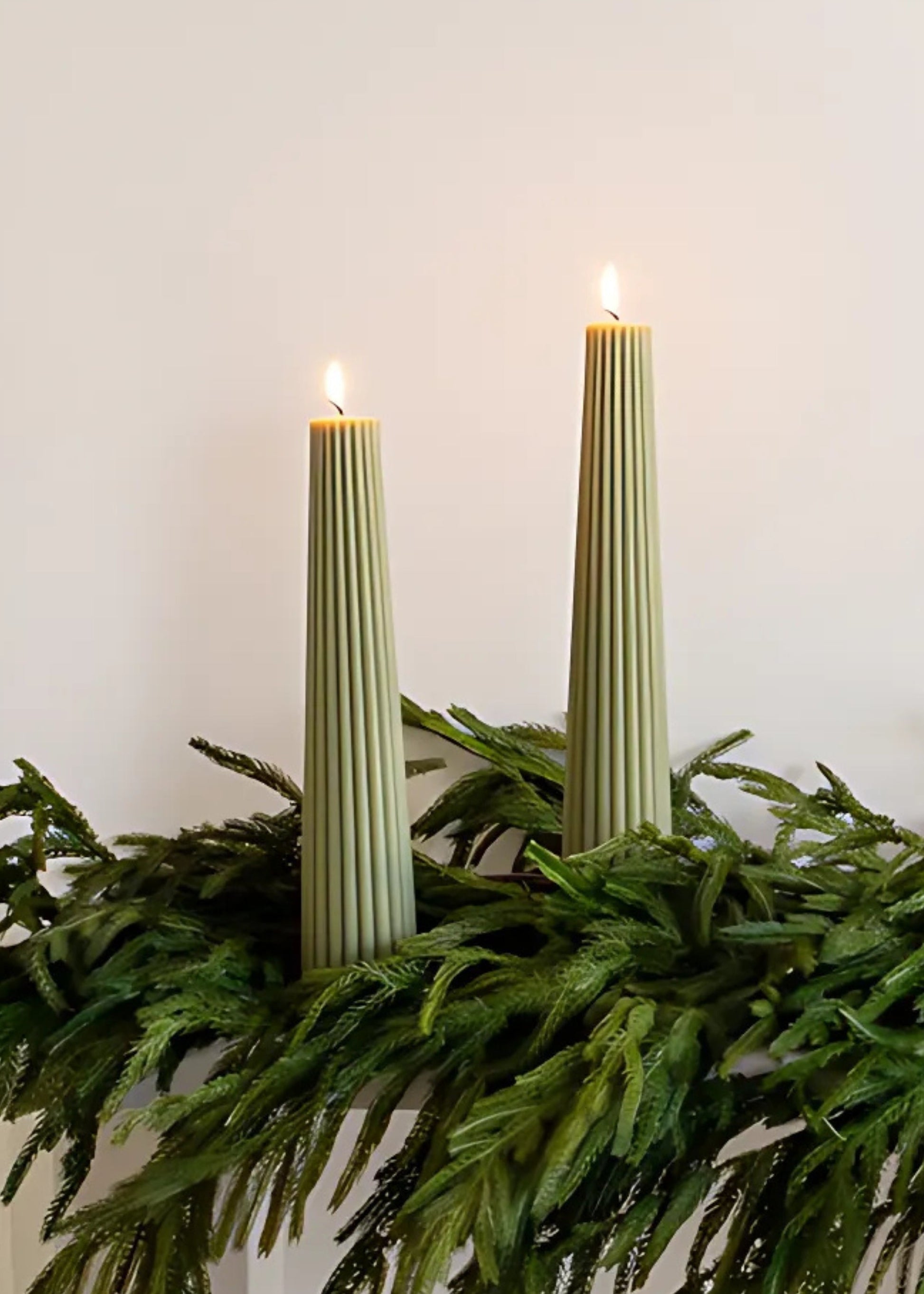 Tall Natural Beeswax Fluted Pillar Candle in Sage - 13.5"