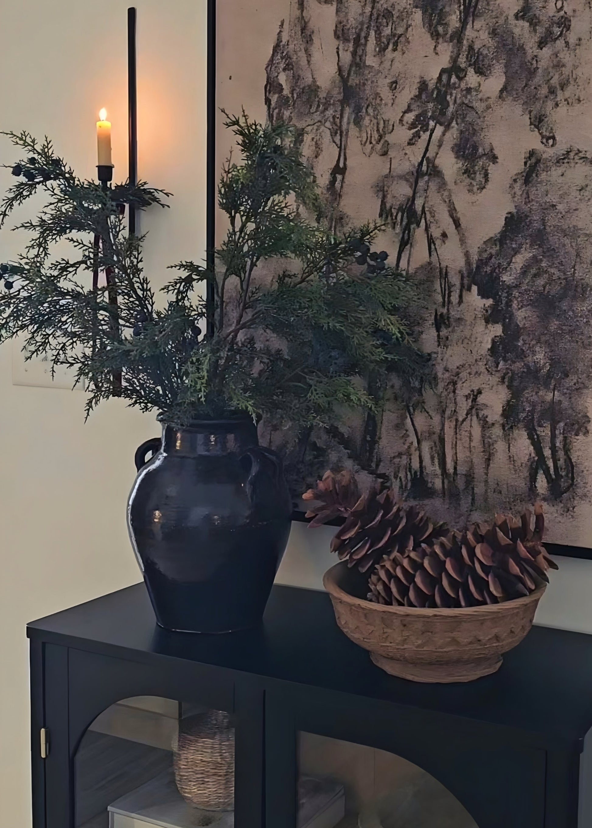 Large Distressed Clay Jar Vase in Dark Brown Black Hue - 11.75"