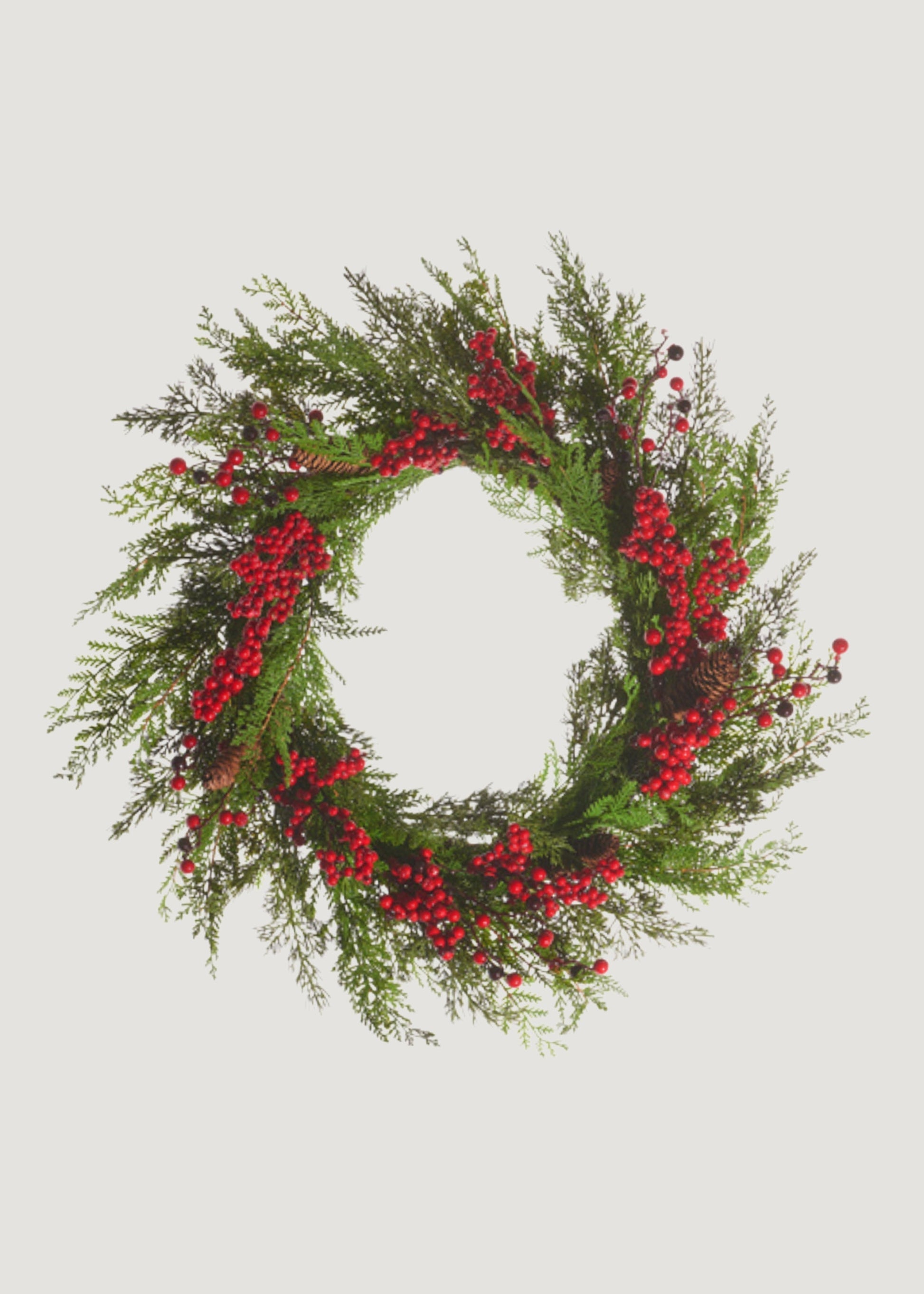 Fake Cedar Winter Wreath with Red Berries and Pine Cones - 26"