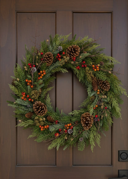 Festive Winter Pine and Pod Wreath - 24"
