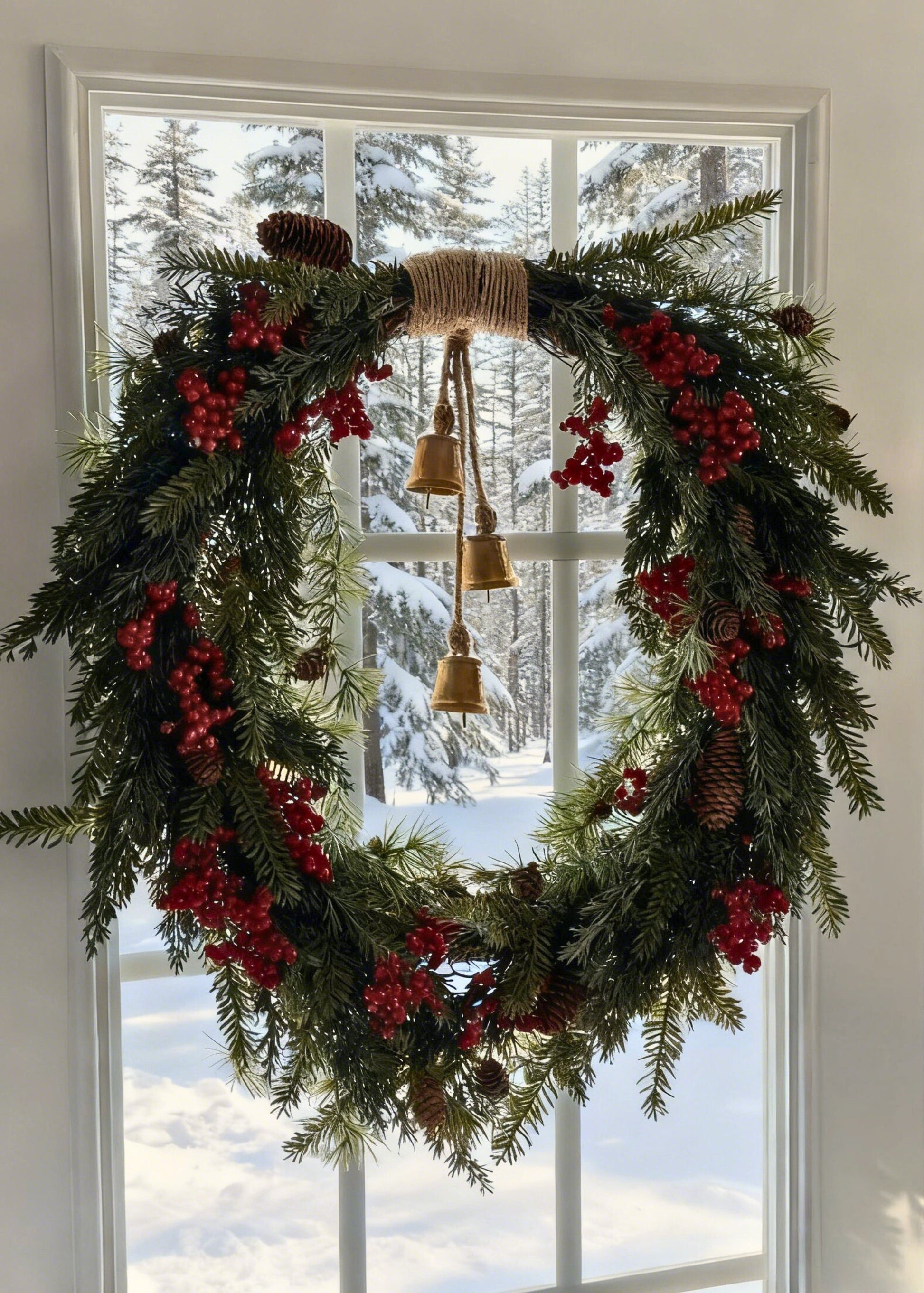 Fake Holiday Cedar and Red Berry Wreath with Pinecones - 30"