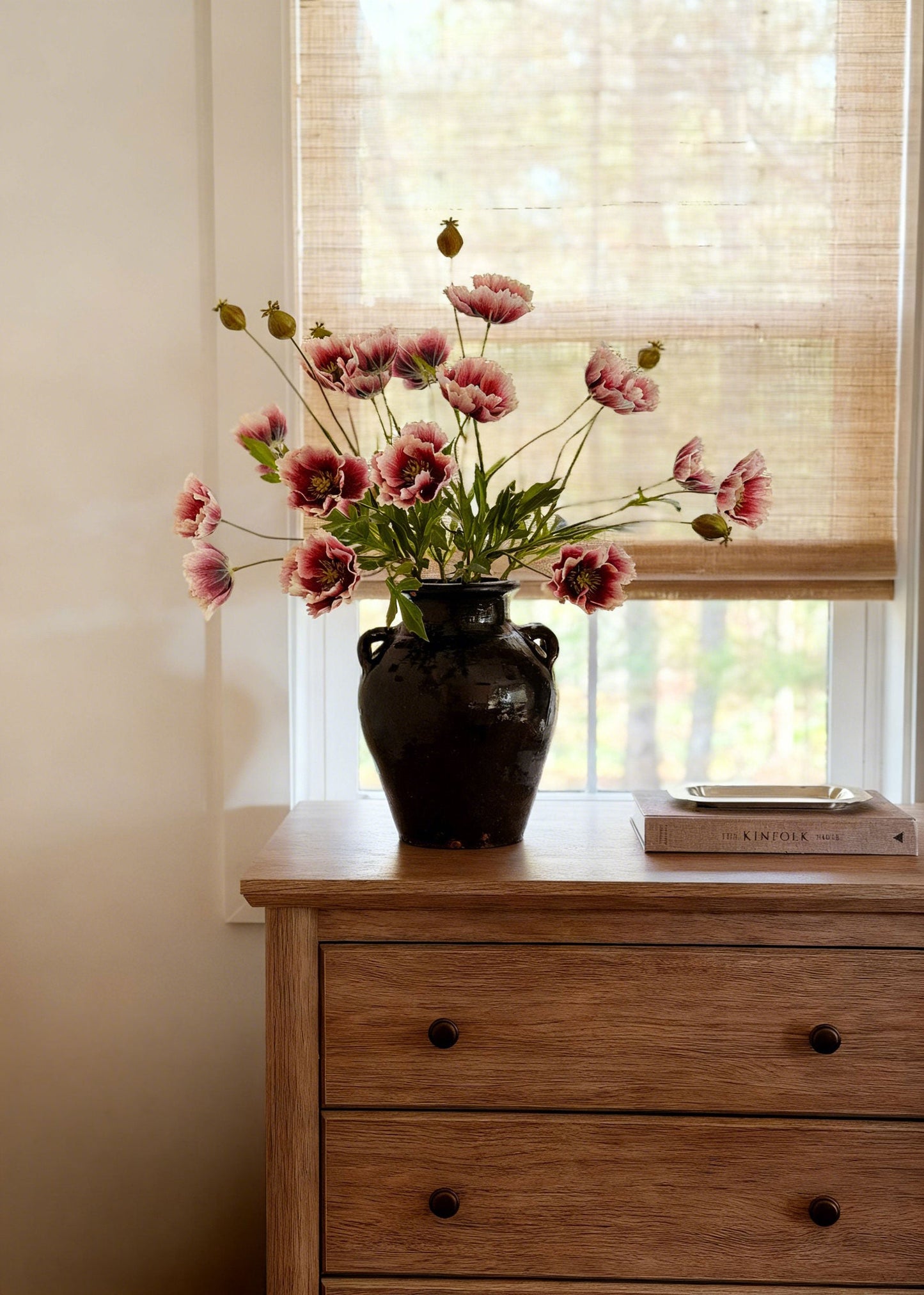 Artificial Poppy Flower Spray in Dark Pink Cream - 27"