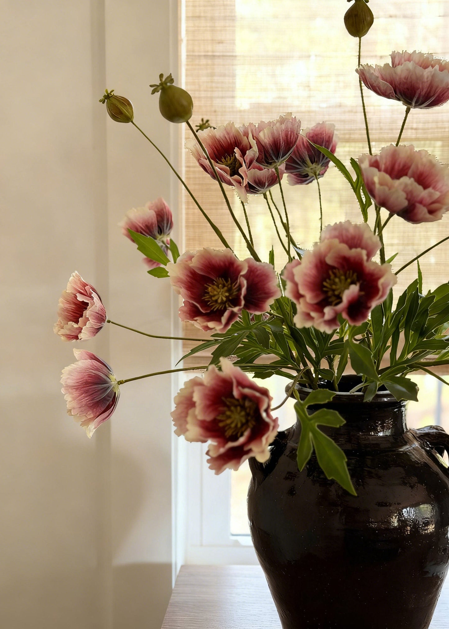 Artificial Poppy Flower Spray in Dark Pink Cream - 27"