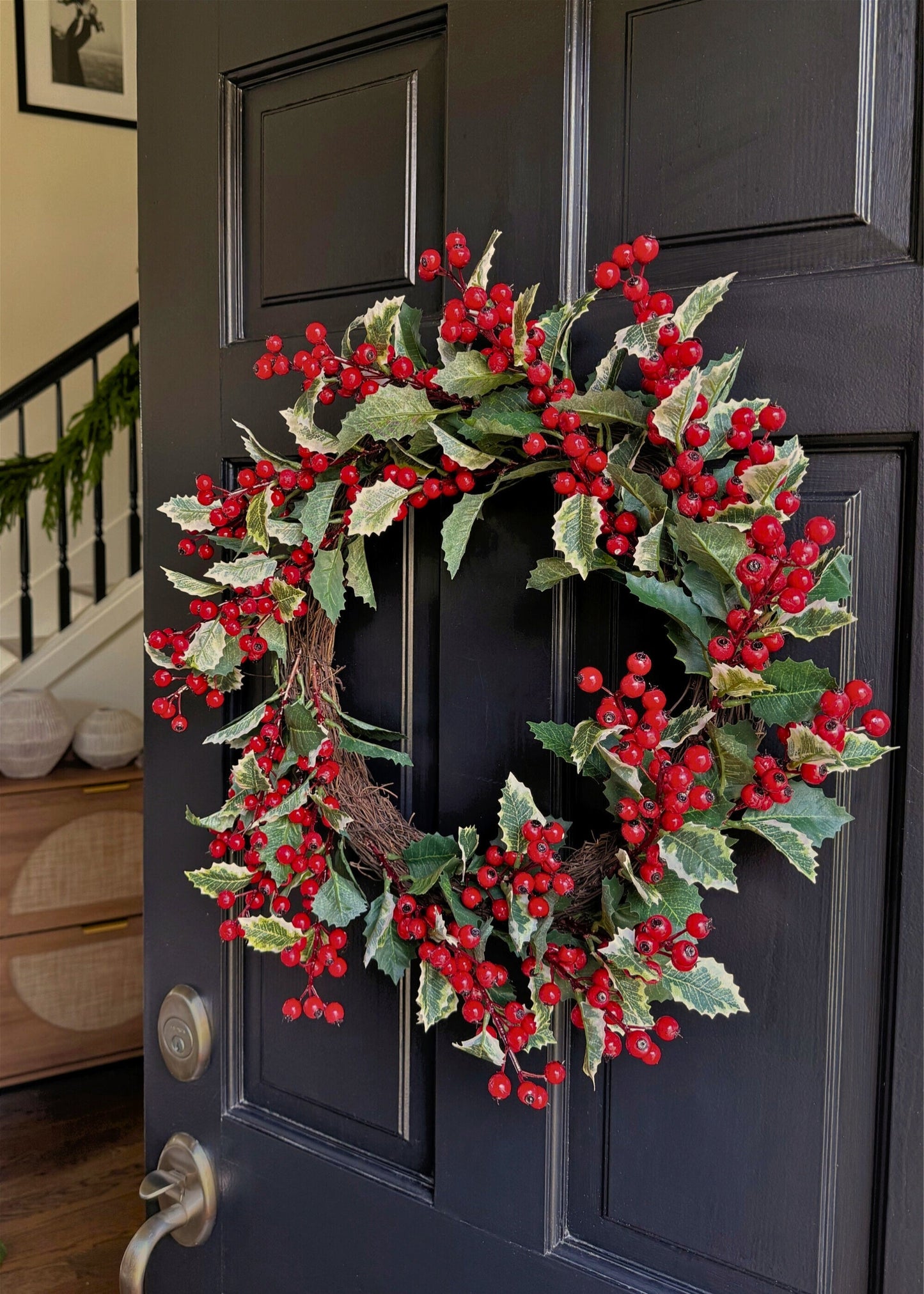 Deluxe Fake Traditional Winter Holly and Berry Wreath - 24"