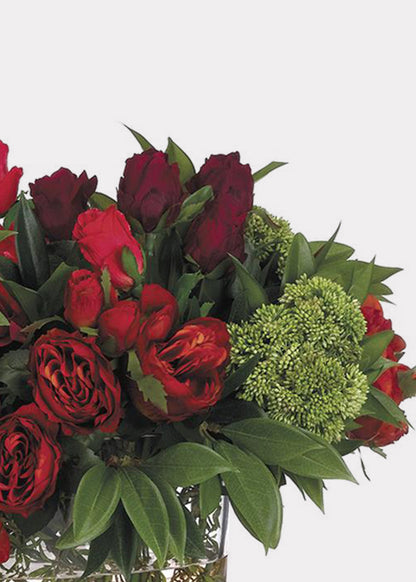 Red Fake Rose and Dahlia Flower Arrangement in Oval Glass Vase - 14"